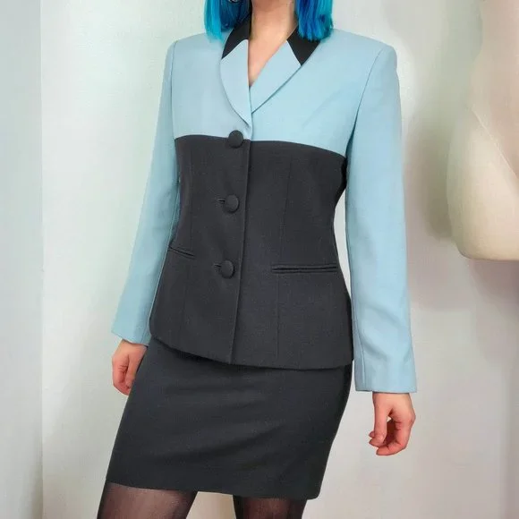 Vintage 90s Baby Blue & Black Colorblock Blazer Jacket - Picture 2 of 8